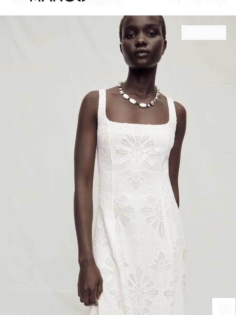 Mango White Eyelet Lace Square-Neck Maxi Dress